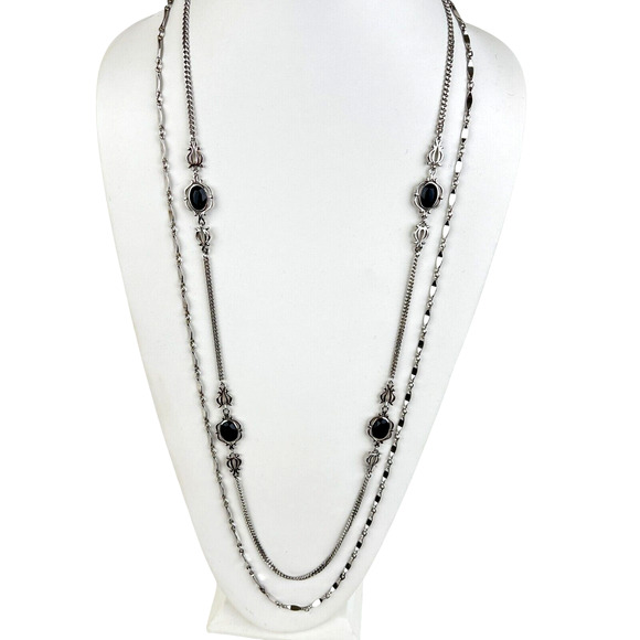 Sarah Coventry Touch of Class Necklace Convertible 2 Chain Silvertone Black Vtg - Picture 1 of 13
